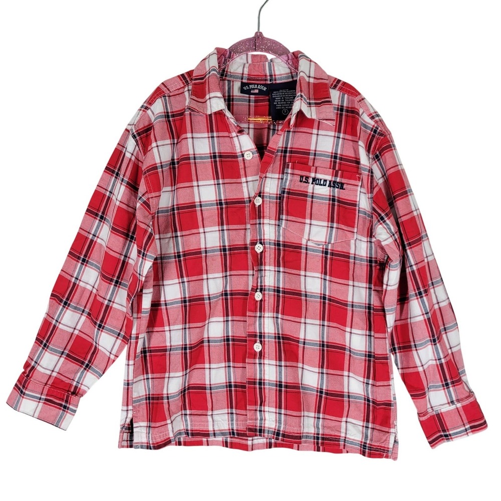 U.S. Polo Assn Button Down Shirt Kids 7‎ Red Plaid Long Sleeve Embroidered Logo